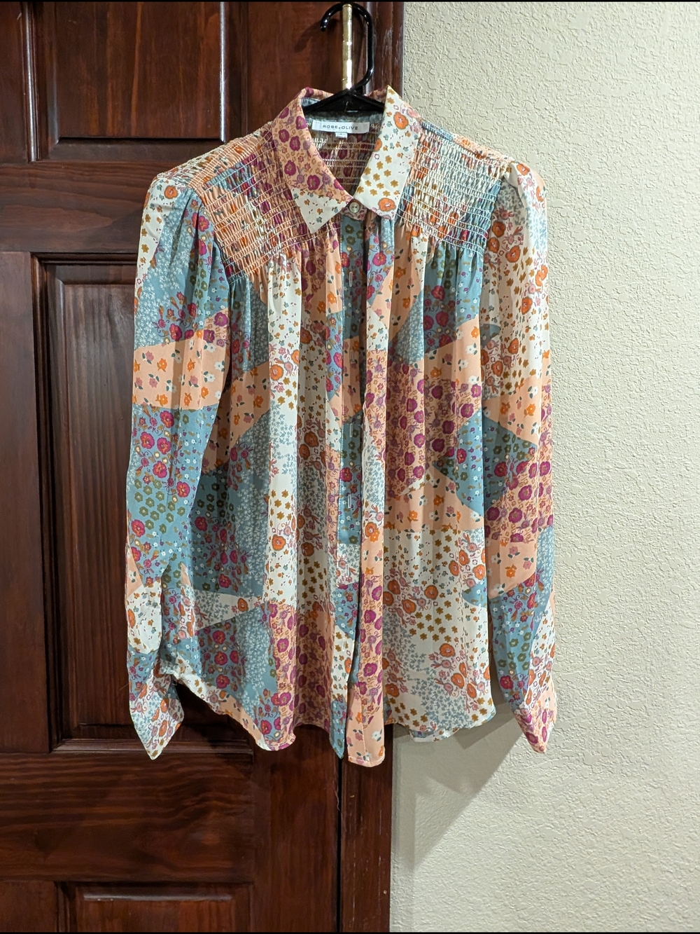 Rose & Olive Patchwork Floral Blouse in Peach, Teal & Cream